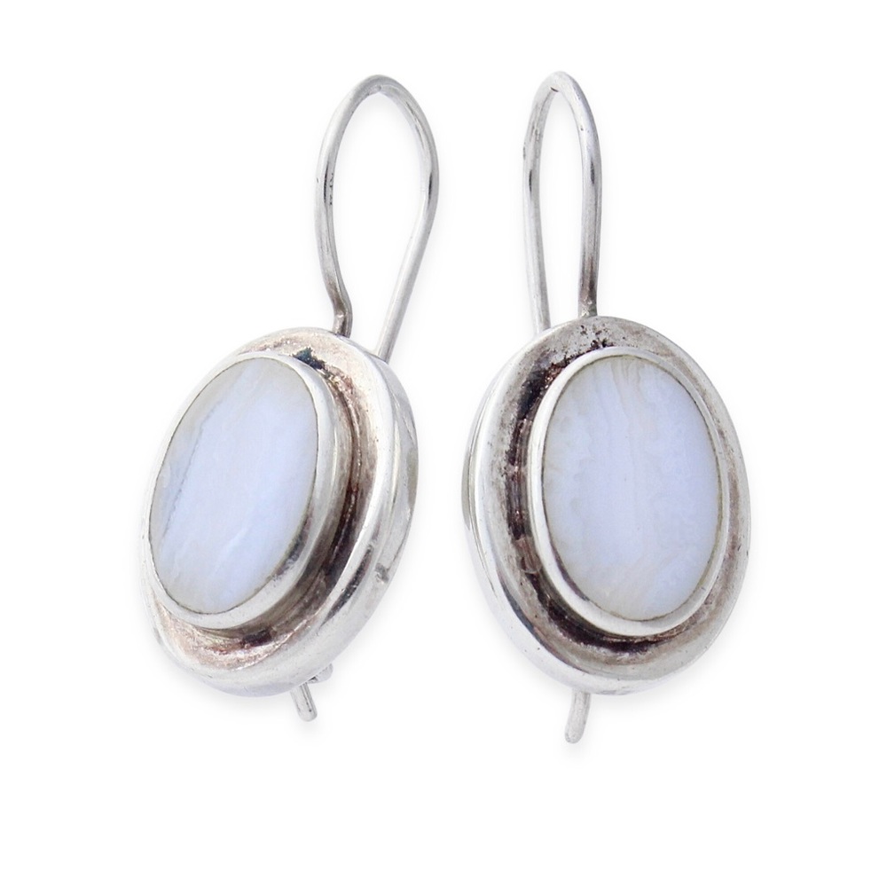 Vintage Blue Lace Agate Sterling Silver Drop Earrings Kidney Back